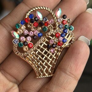 Gold Tone Multicolor Crystal Basket Brooch - Women's Jewelry